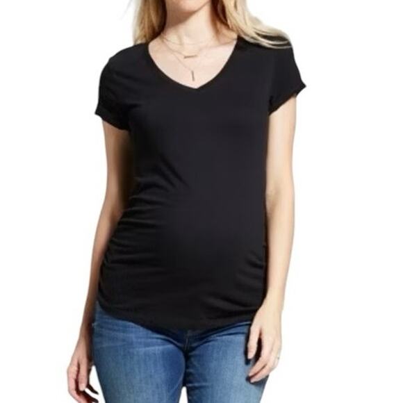 NEW ISABEL MATERNITY V Neck T Shirt Black Short Sleeve Size XL Ruched - Picture 1 of 7